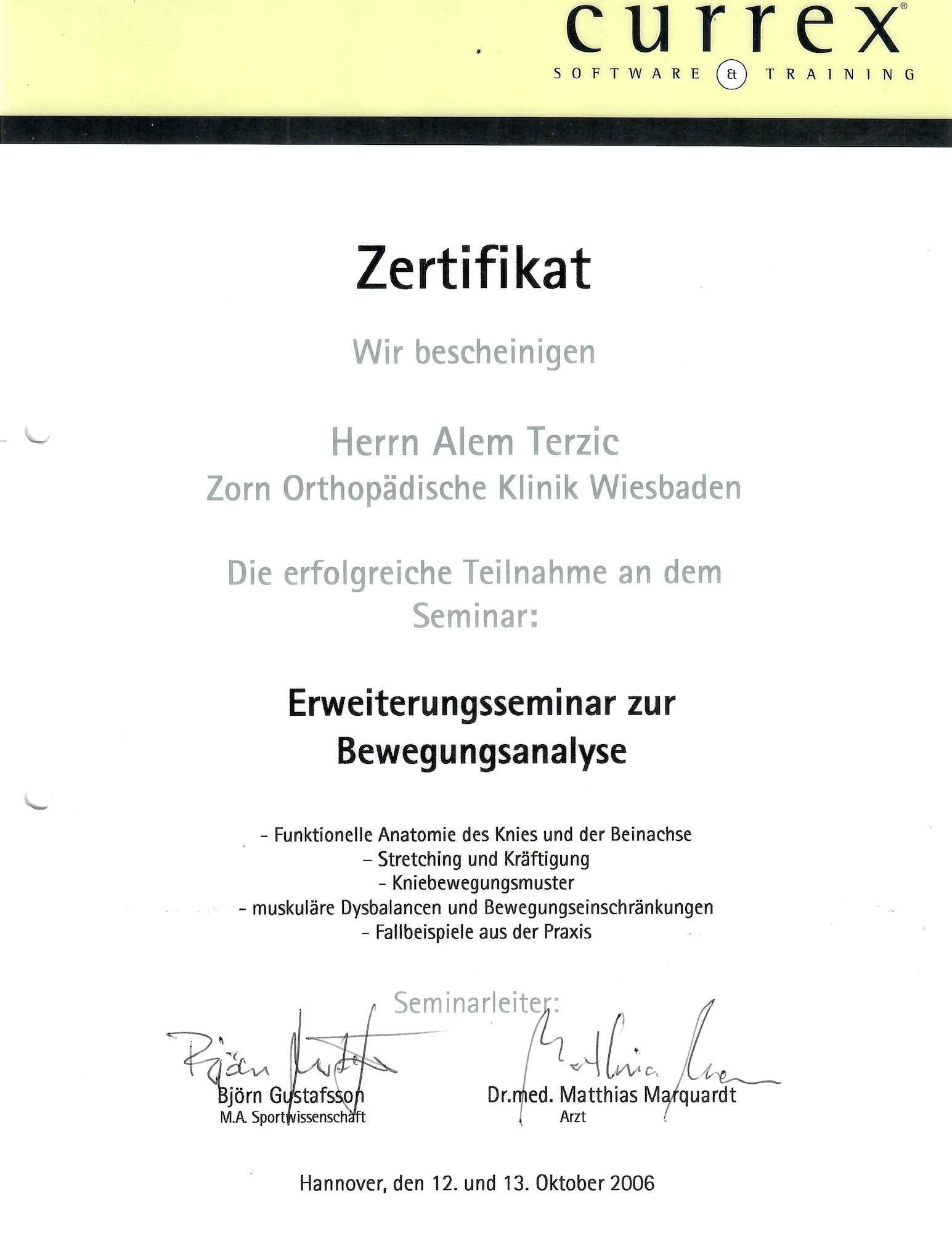 Zertifikat Bewegungsanalyse Terzic
