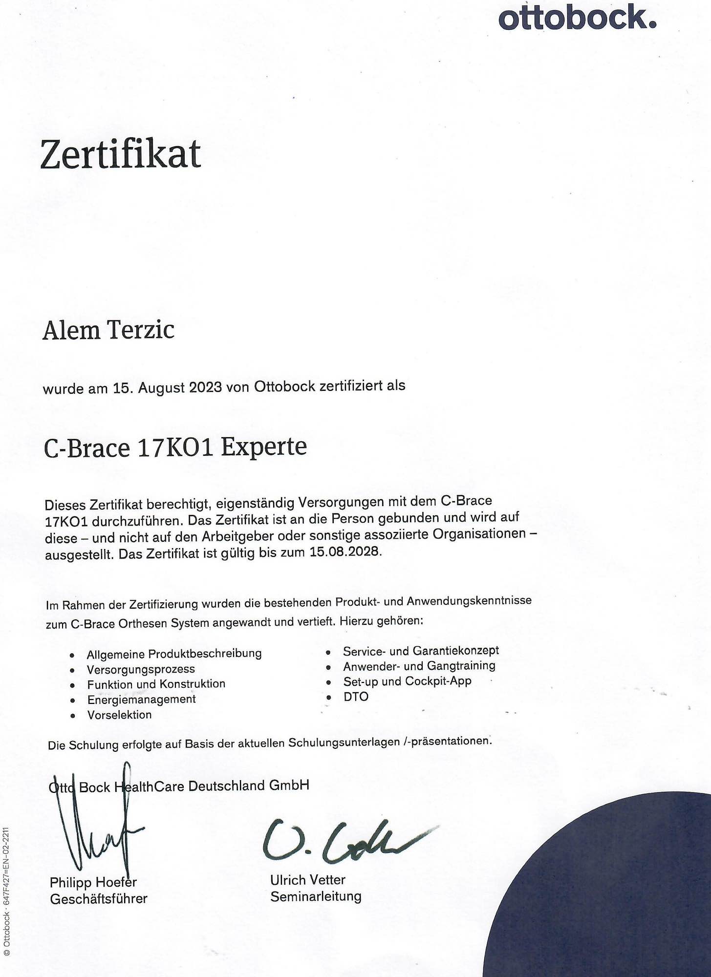 Zertifikat CBrace Terzic