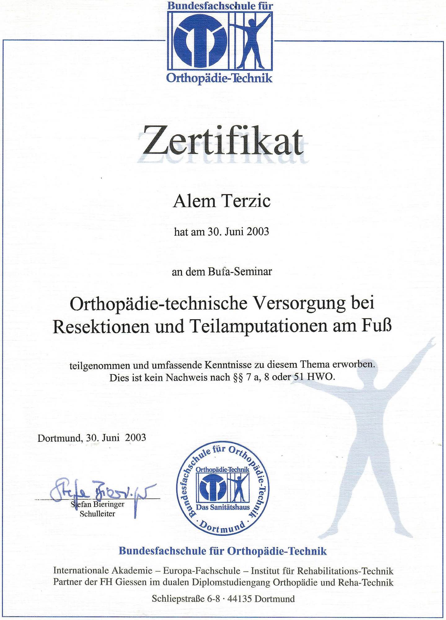 Zertifikat FussTeilamputation Terzic