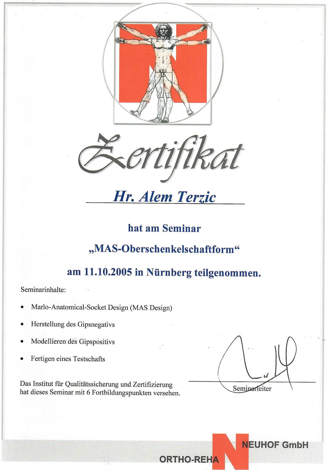 Zertifikat MASOberschenkelschaft Terzic