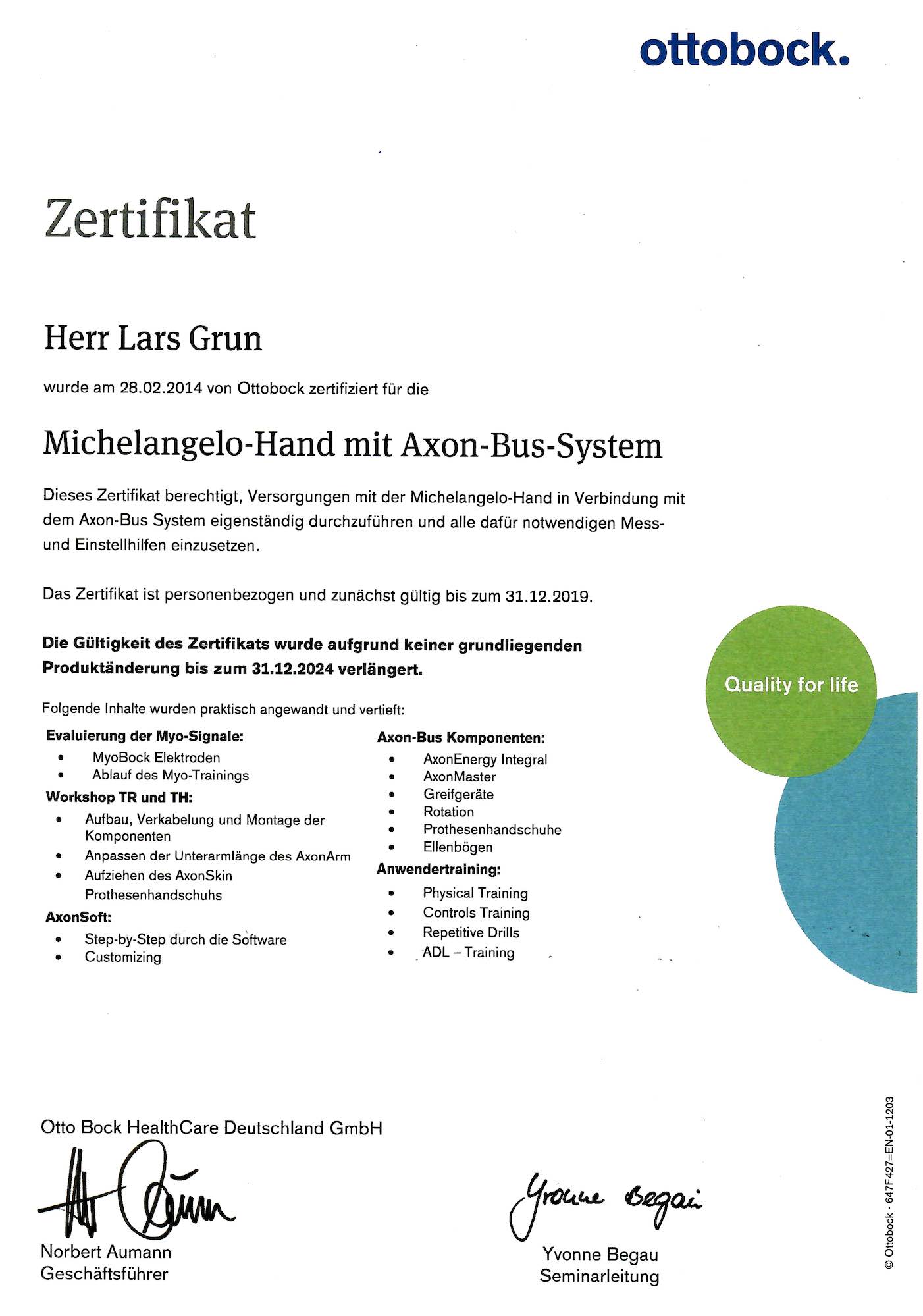 Zertifikat MichelangeloHand Grun