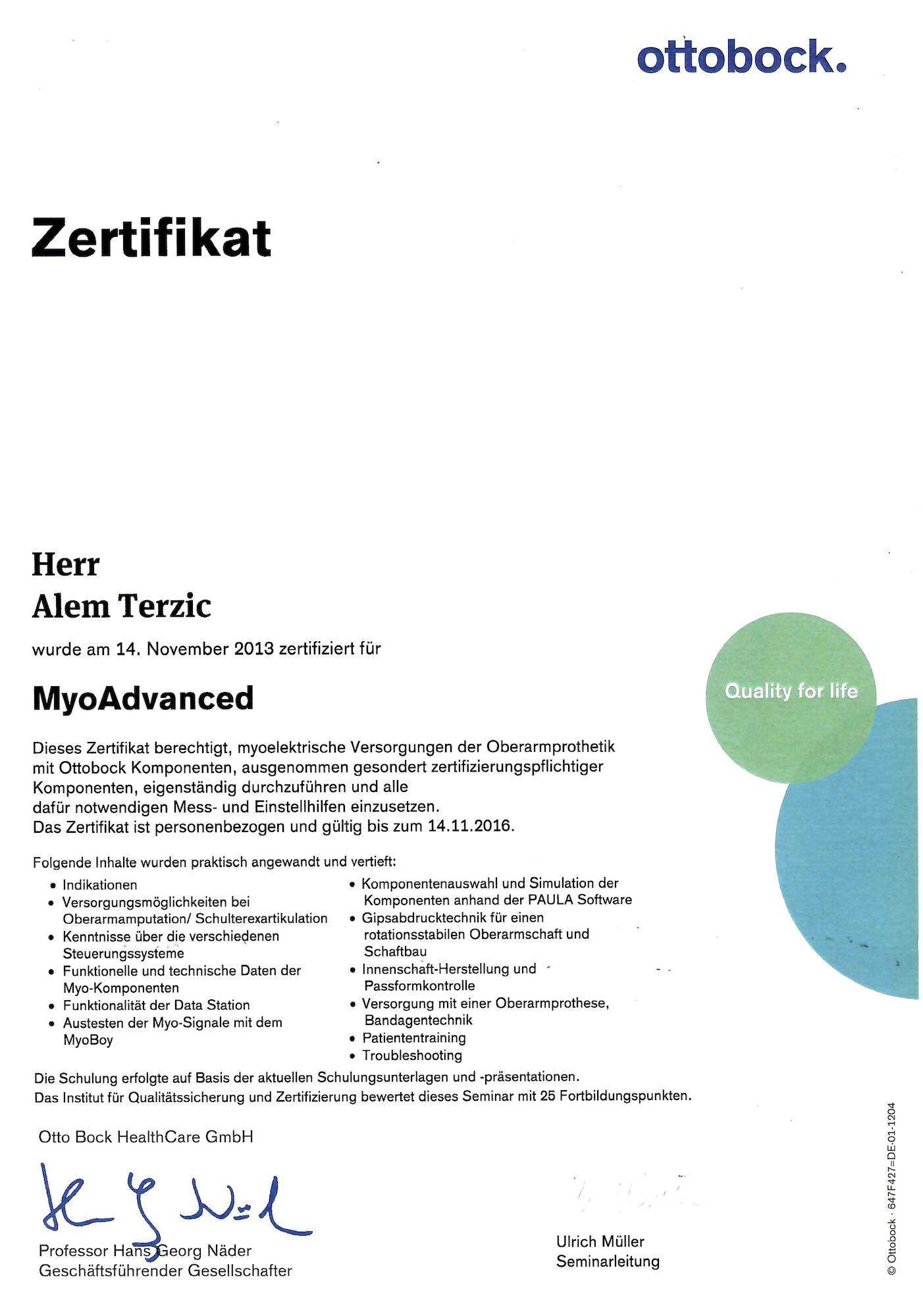 Zertifikat MyoAdvanced Terzic